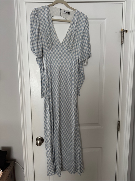 RIXO Dresses & Skirts - Rixo Printed Steph Dress White Blue Gingham Checkered Deep V Tie Back Size M